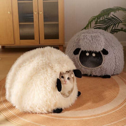 Fully Enclosed Warm Lamb-Shaped Cat Bed - Petmagicworld