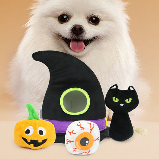 Halloween Witch Hat Squeaky Pumpkin Black Cat Eyes Dog Four-Piece Set Toys - Petmagicworld