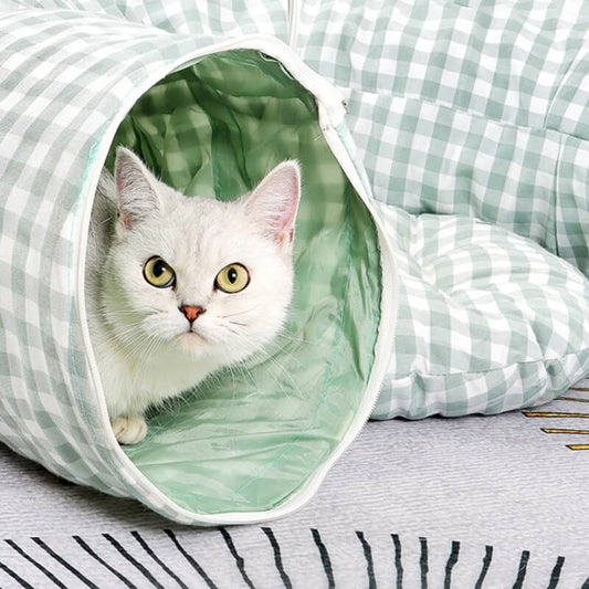 Plaid Foldable Play Channel Cat Tunnel Bed - Petmagicworld