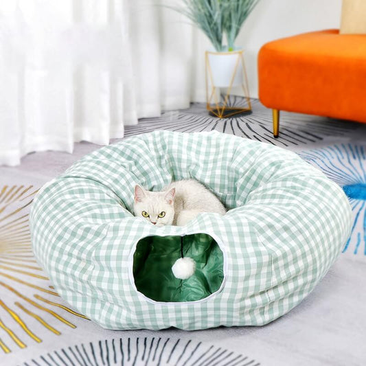 Plaid Foldable Play Channel Cat Tunnel Bed - Petmagicworld